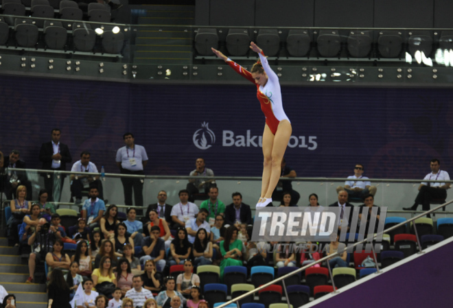 Bakı-2015 Avropa Oyunları çərçivəsində batut gimnastikası üzrə kişilər və qadınlar arasında təsnifat yarışları. Azərbaycan, 17 iyun 2015 